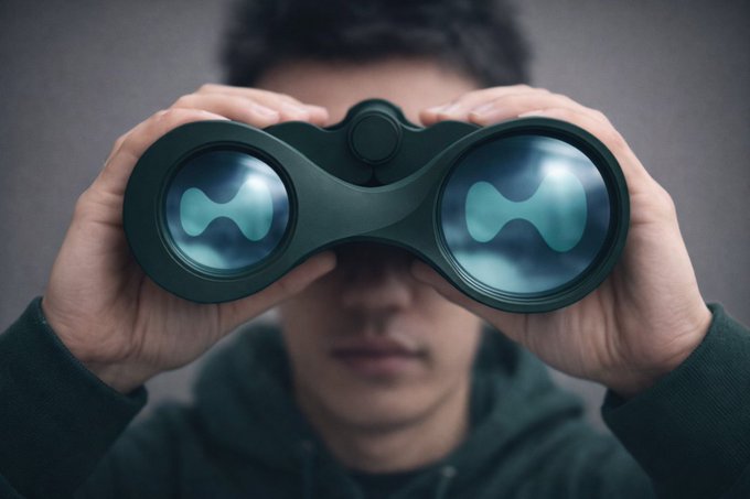 A man holds binoculars up to his eyes, with a stylized blue 'H' logo visible in the reflections of the lenses.