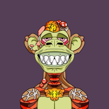 A colorful cartoon illustration of a green, anthropomorphic frog-like creature with a wide toothy grin and mushrooms growing from its head.