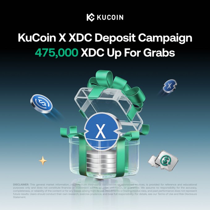 A KuCoin promotional graphic for the "KuCoin XDC Deposit Campaign" offering 475,000 XDC in rewards, featuring a green gift box with an XDC token emblem, which aligns with the post's announcement of 975,000 XDC in rewards across the XDC Carnival and the launch of XDC Futures on KuCoin.