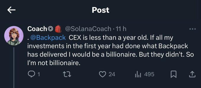 A Twitter post by @SolanaCoach saying '.@Backpack CEX is less than a year old. If all my investments in the first year had done what Backpack has delivered I would be a billionaire. But they didn't. So I'm not billionaire.'