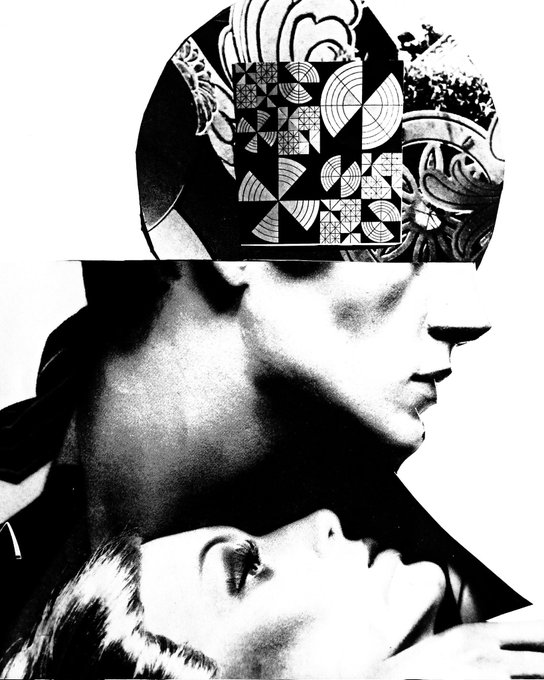 A black and white art piece depicting a woman's face with a collage of decorative patterns covering the upper portion, with a reflection below.