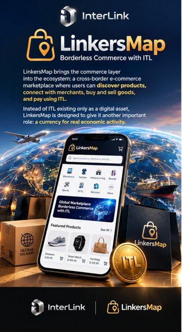 A promotional graphic for "LinkersMap" by InterLink, featuring a smartphone displaying a marketplace app interface alongside text promoting "Borderless Commerce with ITL" and "Global Marketplace Borderless Commerce with ITL".
