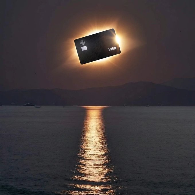 A surreal image of a Visa credit card floating in the sky, silhouetted against a glowing sun setting over a dark ocean with distant mountains.