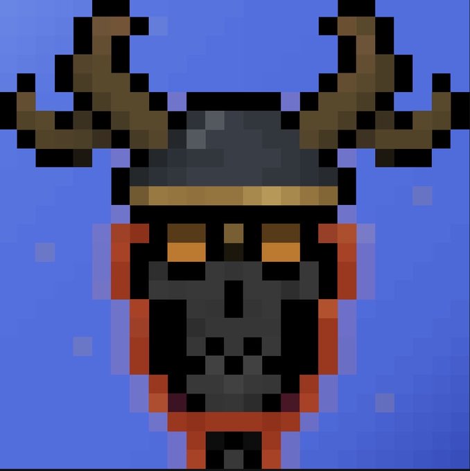 A pixel art image of a dark, horned helmeted skull or robotic character with glowing orange eyes against a blue background.