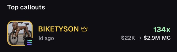 A screenshot showing a 'Top callouts' section featuring 'BIKETYSON' with a 134x increase from $22K to $2.9M MC, marked '1d ago'.