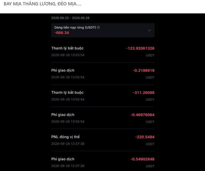 A trading account statement in Vietnamese shows forced liquidations and fees totaling -666.34 USDT between September 22-28, 2026, including losses of -123.92 USDT, -311.26 USDT, and -220.55 USDT.