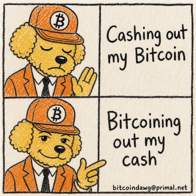 A two-panel comic featuring a dog character wearing an orange hat with a Bitcoin logo. The top panel says 'Cashing out my Bitcoin' with the dog looking concerned, and the bottom says 'Bitcoining out my cash' with the dog smiling and pointing. Signed 'bitcoindawg@primal.net'.