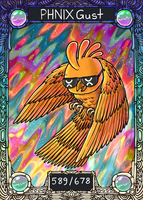 A pixel-art tarot-style card titled 'PHNIX Gust' depicting an orange bird with sunglasses against a colorful cosmic background, numbered 589/678.