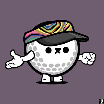 A cartoon character resembling a golf ball wearing a colorful, patterned baseball cap, posed with arms outstretched.