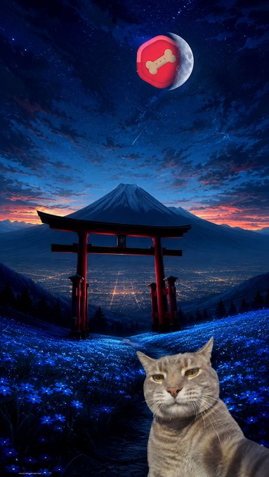 The image features a surreal night scene with a tabby cat in a field of blue flowers, a red torii gate framing a glowing city below, Mount Fuji in the background, and a red TreatToken ($TREAT) logo replacing the moon in the starry sky—symbolizing the ambitious climb to success the post's caption refers to.