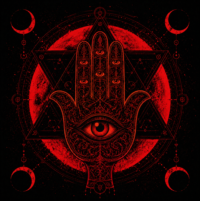 A mystical red and black occult illustration featuring a Hamsa hand with eyes, geometric patterns, and moon phases against a dark background.