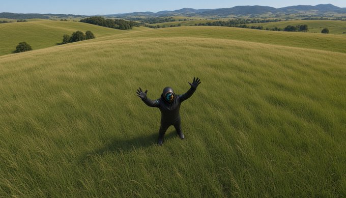 A surreal scene shows a black-suited figure with a single glowing eye lens standing in a vast green grassy field with rolling hills in the background, arms raised dramatically.