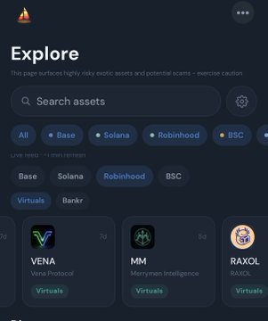 A screenshot of a crypto "Explore" page showing trending assets including VENA (Vena Protocol), MM (Merrymen Intelligence), and RAXOL (RAXOL), with filtering tags for Base, Solana, Robinhood, BSC, and Virtuals. The interface aligns with the post about SailboatFi, suggesting the user discovered these exotic assets through the platform's curated listings of "exotic assets and potential scams."