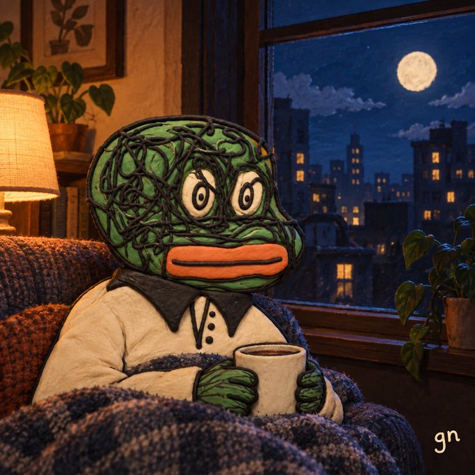 A green Pepe plush wrapped in scribbled black lines sits wrapped in a blanket, holding a mug while gazing out at a moonlit city skyline from a cozy window seat. The signature "gn" in the corner matches the post's "goodnight" message, capturing a quiet, reflective end-of-day mood.