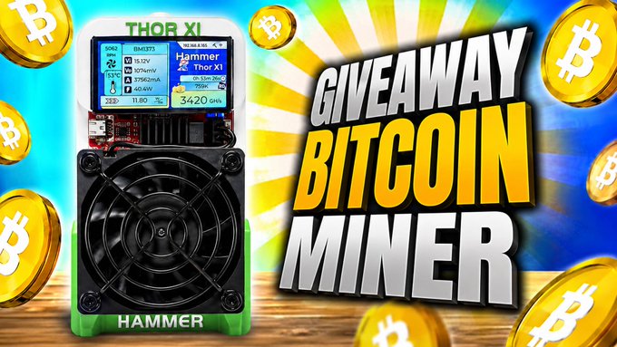 A YouTube thumbnail for a "GIVEAWAY BITCOIN MINER" featuring a Hammer Thor X1 cryptocurrency mining device surrounded by Bitcoin coins.