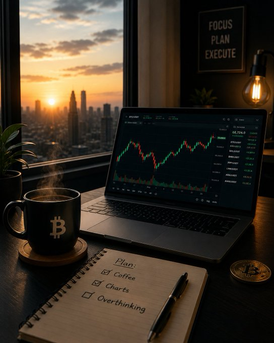 A workspace setup features a laptop displaying a stock market chart, a Bitcoin mug, a notebook with a checklist, and a 'FOCUS PLAN EXECUTE' poster against a city sunset backdrop.