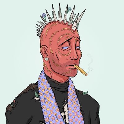 A stylized illustration of a punk character with a spiked mohawk, facial scars, a diamond earring, smoking a cigarette, and wearing a patterned scarf over a black shirt.