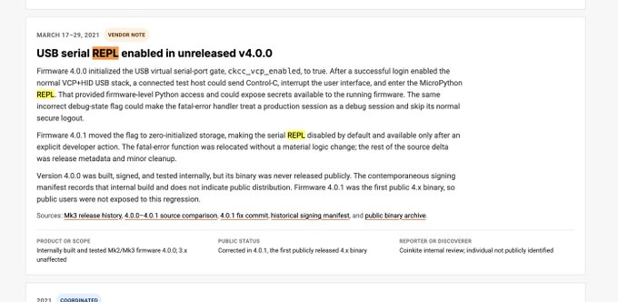 A vendor note dated March 17-29, 2021 titled 'USB serial REPL enabled in unreleased v4.0.0' detailing a firmware regression affecting Control-C interrupt and MicroPython REPL functionality on M2/Mk3 firmware.