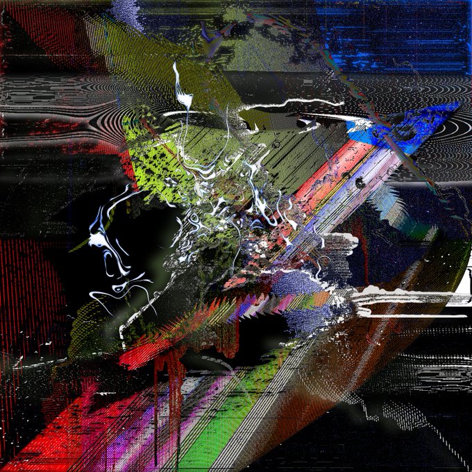 A vibrant glitch art piece featuring distorted digital elements, with green, red, blue, and black colors arranged in chaotic, fragmented patterns.