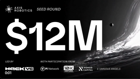 A dark promotional graphic announcing AXIS Robotics' Seed Round funding of $12M, led by HACK VC with participation from P1 Network, 10K Ventures, Nomad Capital, and 6 various angels, displayed over an abstract cosmic background.