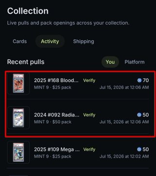The image shows a "Collection" activity page displaying recent pulls, with the user's two most recent card pulls highlighted in a red box: a "2025 #168 Blood..." card worth 70 points and a "2024 #092 Radia..." card worth 50 points, both pulled on July 15, 2026 at 12:05 AM. These two highlighted pulls correspond to the missing cards the user is reporting to JupiterExchange, illustrating the gacha pulls that allegedly failed to appear in their wallet.