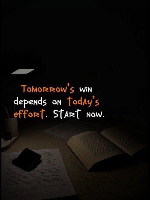 The image shows a dimly lit desk with an open book, scattered papers, and a pen, overlaid with the motivational text "Tomorrow's win depends on today's effort. START NOW."

The handwritten-style quote pairs well with the "Gm CT! Have a blessed Sunday" post, offering a Sunday morning nudge to use the day purposefully, as the quiet study setup suggests a reflective start to laying the groundwork for future success.