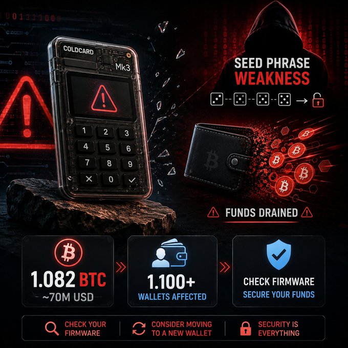 A security warning graphic about a 'SEED PHRASE WEAKNESS' affecting the COLDCARD Mk3, stating '1.082 BTC (~70M USD)' lost and '1.100+ WALLETS AFFECTED'.