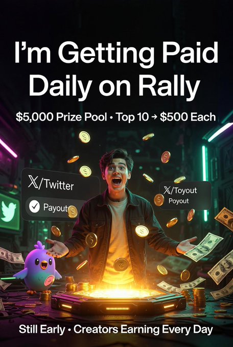 The image features a man standing next to a bird, surrounded by money falling from the sky. The text of the image reads "I'm getting paid daily on Rally", indicating that the man has been receiving payments for his work or content related to the rally.
