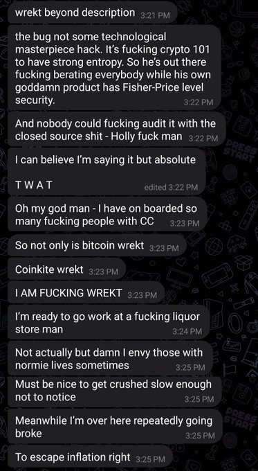A screenshot of a dark-mode messaging app shows a user sending increasingly frustrated messages about their financial situation, including "I AM FUCKING WREKT," "bitcoin wrekt," "Coinkite wrekt," and "I'm ready to go work at a fucking liquor store man," reflecting a mood of despair that aligns with the post about a friend struggling with bad news.