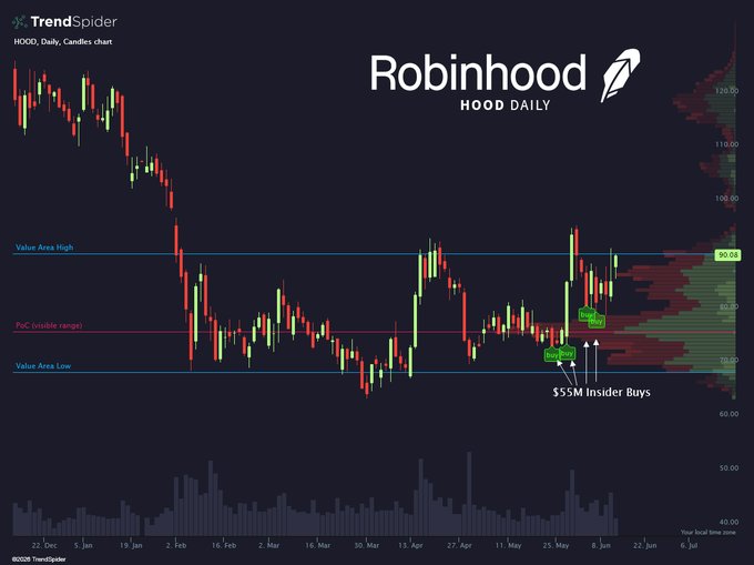 The image features a close-up of a stock chart from Robinhood focused on Bitcoin, specifically the Price/Activity chart. The graph shows that there was an initial gain in Bitcoin's value following the sale of $HOOD. Additionally, there has been a recent drop in its price. The chart is presented with varying bars and lines representing different cryptocurrencies including Bitcoin. It highlights that Robinhood has already cashed out for this particular investment opportunity, as indicated by the presence of Micky (the founder) on the image.