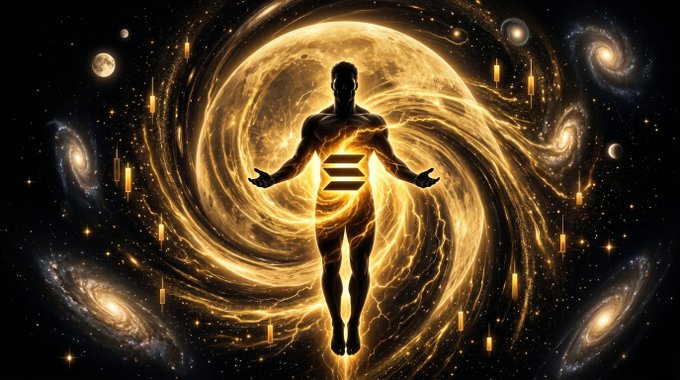 The image features a man with his arms outstretched, standing against a backdrop of stars and planets. The background includes a large yellow circle surrounded by smaller circles representing distant galaxies. The caption for the image reads "This is how the crypto world is changing $MOON CA: 9kR2WN2VQ1sjRurwVhcfLH9LouCA3QyeWjtio8bbpump".