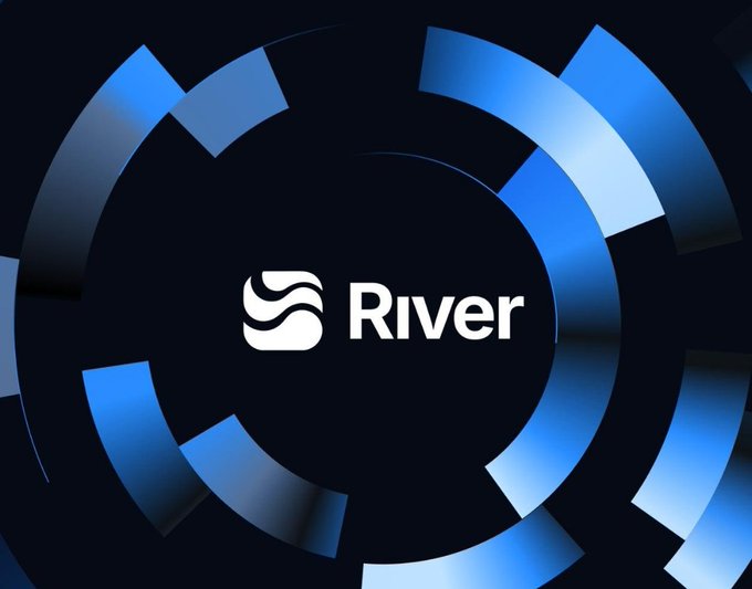 A 'River' logo featuring a wave icon centered within a circular design of blue and black curved segments.