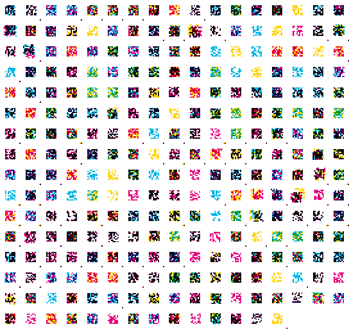 A grid display of numerous small, colorful pixelated figurines or collectible items arranged in rows.