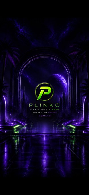A promotional graphic featuring a purple archway with the text "PLINKO", "PLAY, COMPETE, EARN", and "POWERED BY KOLKON.COM" against a starry cosmic background.