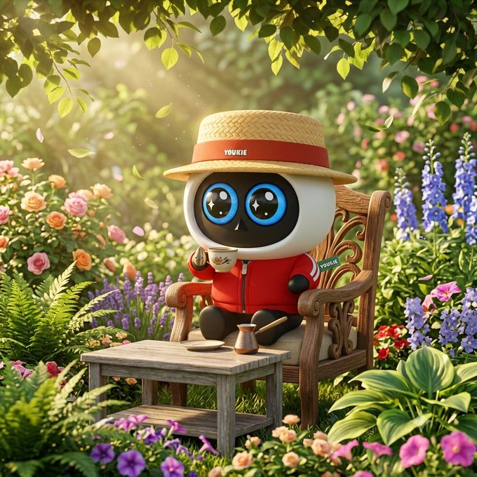 A cartoon panda-like character with big blue eyes wearing a straw hat that says 'YOUKIE' and a red jacket, sitting in a wooden chair with a teacup in a colorful flower garden.