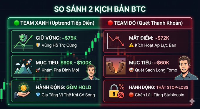 A Vietnamese crypto trading infographic titled 'SO SÁNH 2 KỊCH BẢN BTC' comparing a Green Team (Uptrend) scenario targeting $90K-$100K with holding actions versus a Red Team (Liquidation) scenario targeting ~$60K with stop-loss actions.