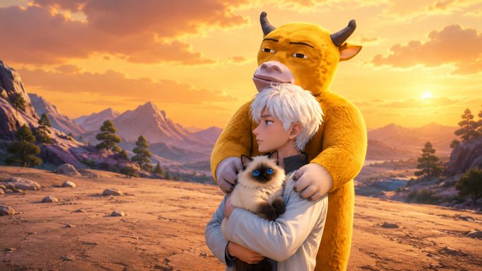 A 3D-animated scene of a white-haired boy hugging a Siamese cat while a large yellow bull character embraces them from behind, set against a sunset mountain landscape.