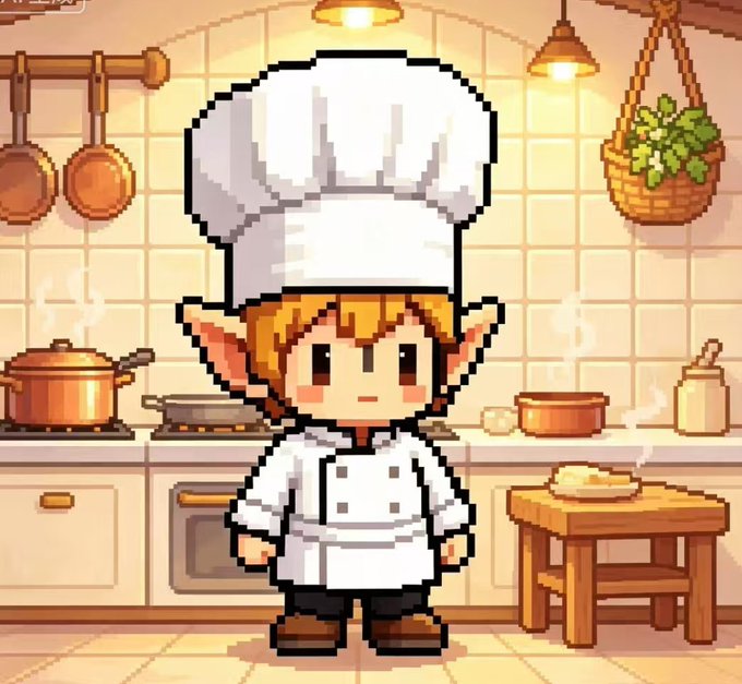 Pixel art of a blonde elf-like character wearing a tall white chef's hat and chef's uniform, standing in a cozy kitchen with pots, pans, and a stove.