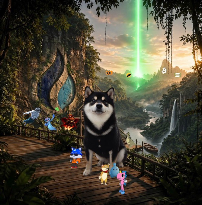The image features a black dog sitting on a wooden deck with various cartoon characters surrounding him. The characters include a blue bird, a red dragon, a green fire, and other animated figures. The background of the image depicts a mountainous landscape with trees and waterfalls, creating an immersive and whimsical atmosphere.