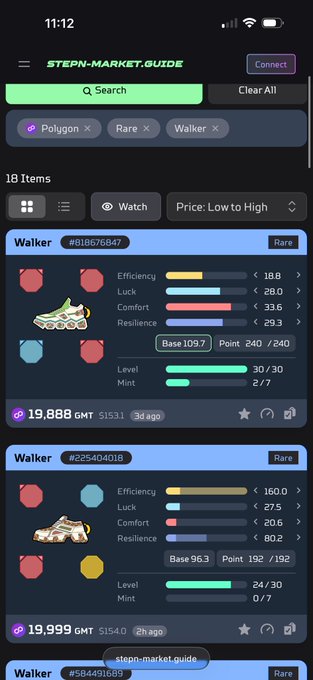 A mobile screenshot of the 'STEPN-MARKET.GUIDE' app showing an NFT marketplace with 'Walker' sneaker listings on the Polygon chain, displaying attributes like Efficiency, Luck, Comfort, and Resilience with Base points around 109.7 and 96.3.