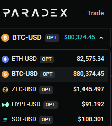 A screenshot from the Paradex Trade app displays cryptocurrency prices, including BTC-USD at $80,374.45, ETH-USD at $2,575.34, ZEC-USD at $1,445.497, HYPE-USD at $91.192, and SOL-USD at $108.301.