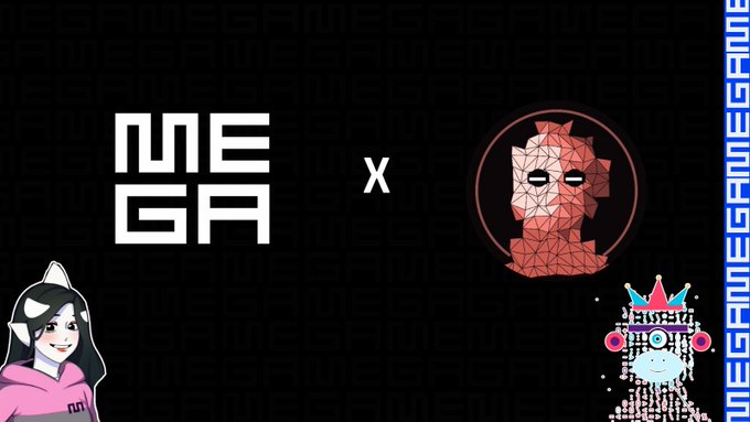 A graphic displays the white 'MEGA' logo next to an 'X' and a red geometric low-poly portrait, with a hooded cartoon character on the bottom left and a pixelated crowned figure on the bottom right.