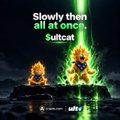 A movie still showing two flaming figures standing in water, with the overlaid text 'Slowly then all at once, Suitcat'.