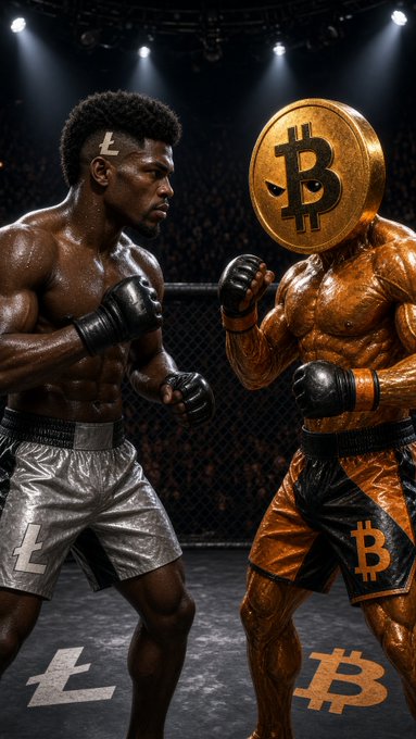 A digital illustration depicts a UFC-style fight between a muscular fighter representing Litecoin (with an 'L' on his shorts) and a bronze, robotic opponent representing Bitcoin (with a '₿' on his head and shorts).