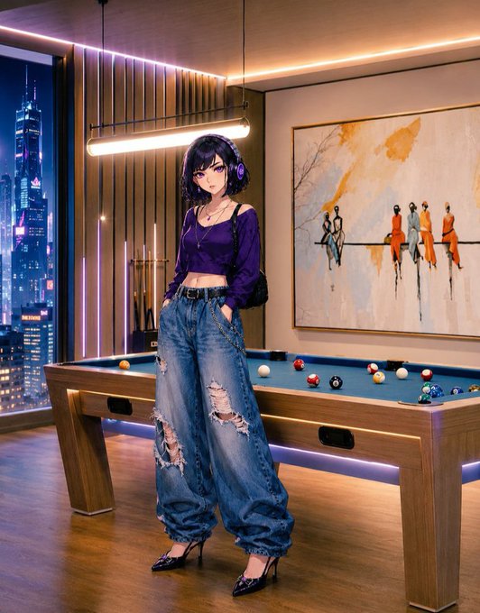 An anime-style illustration of a girl with dark hair and headphones wearing a purple top and ripped jeans, standing next to a pool table in a room with a city skyline view.