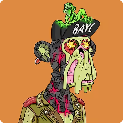 The image features a cartoon monkey wearing a hat with the word "BAYC" written on it, standing against an orange background. The monkey has a green face and is dressed in a brown jacket that appears to be torn at the bottom. The monkey also has a gun strapped to its back.