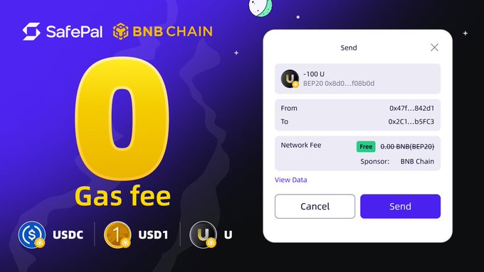 The image shows a screenshot of a website called "safepalace" that has an advertisement about Gas-Free Carnival rolling on, with details about the offer. The caption for the image reads "The Gas-Free Carnival rolls on! Enjoy zero gas fees on #USD1, #USDC and #U @UTechStables on @BNBCHAIN with SafePal Extended until June 
30th, 23:59 UTC Don't miss out". This advertisement seems to be promoting a cryptocurrency event or offering related to gas-free transactions. The main focus of the image is on this website and its Gas-Free Carnival offer.