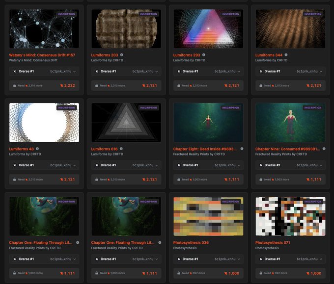 An online auction page displays multiple NFT listings, including 'Watson's Mind: Consensus Drift #157', 'LumiForma' series, 'Chapter Eight: Dead Inside', and 'Photosynthesis' editions, all with current bid amounts.
