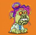 A small pixel-art style illustration of a zombie-like dog character with purple tentacles emerging from its head, sitting on an orange background.