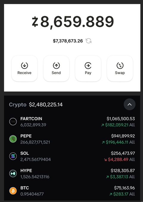 A crypto portfolio screenshot displays a total of ฿8,659.889 (≈$7,378,673.26) alongside a $2,480,225.14 crypto breakdown showing holdings in FARTCOIN ($1,065,500.53), PEPE ($941,899.92), SOL ($256,473.97), HYPE ($128,305.87), and BTC ($75,163.96), illustrating the portfolio's composition during the fifth month of the $6M-to-$30M spot crypto run.